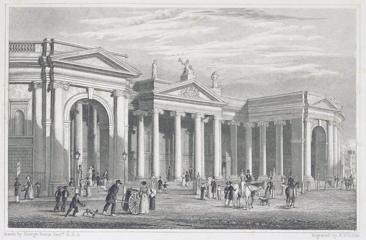 South Portico of the Bank of Ireland, Dublin, Originally the Parliament House, Engraved by B. Winkles by George Petrie