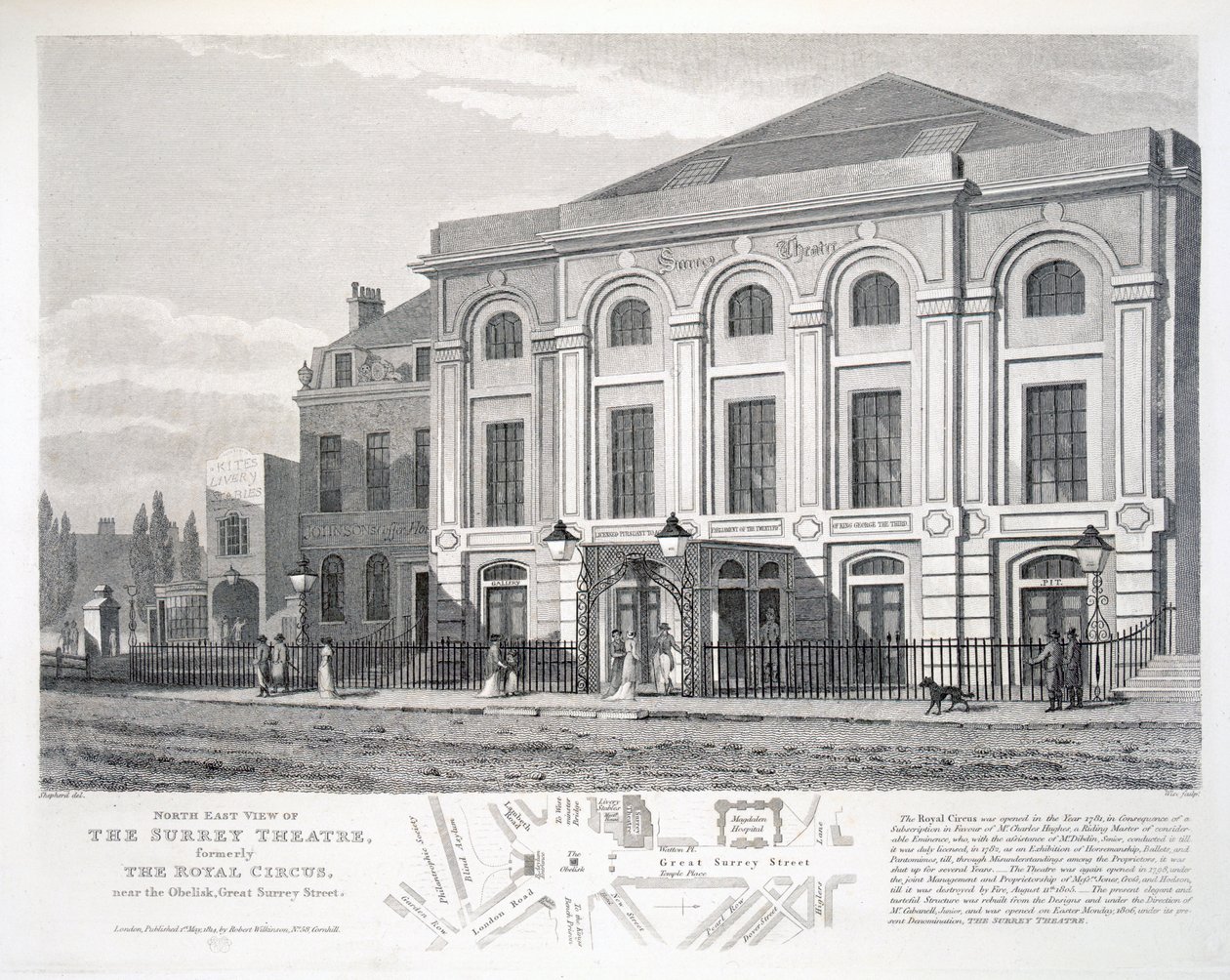 North East View of the Surrey Theatre, formerly The Royal Circus, near the Obelisk, Great Surrey Street, engraved by William Wise, pub. by Robert Wilkinson, London by George Shepherd