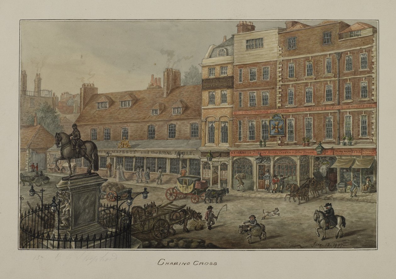 View of Charing Cross showing horse-drawn vehicles, figures and the Dublin Hotel Tavern and Coffee House, 1807 by George Shepherd