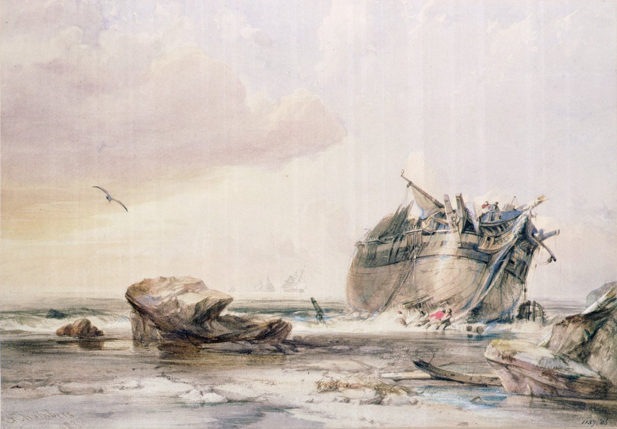 Rocky Shore, with Dismantled Vessel by George the Elder Chambers