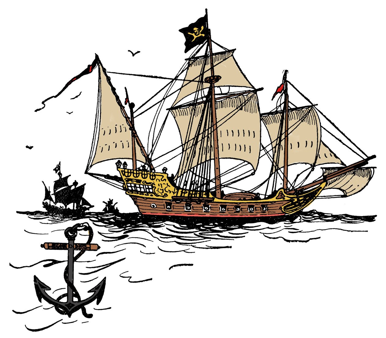 A pirate ship off Turtle Island in the Caribbean Sea - Illustration from 