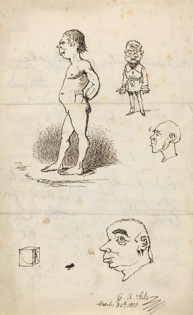 Sketches: Nude Man, Standing Man, Two Profiles, and Box by George Augustus Sala