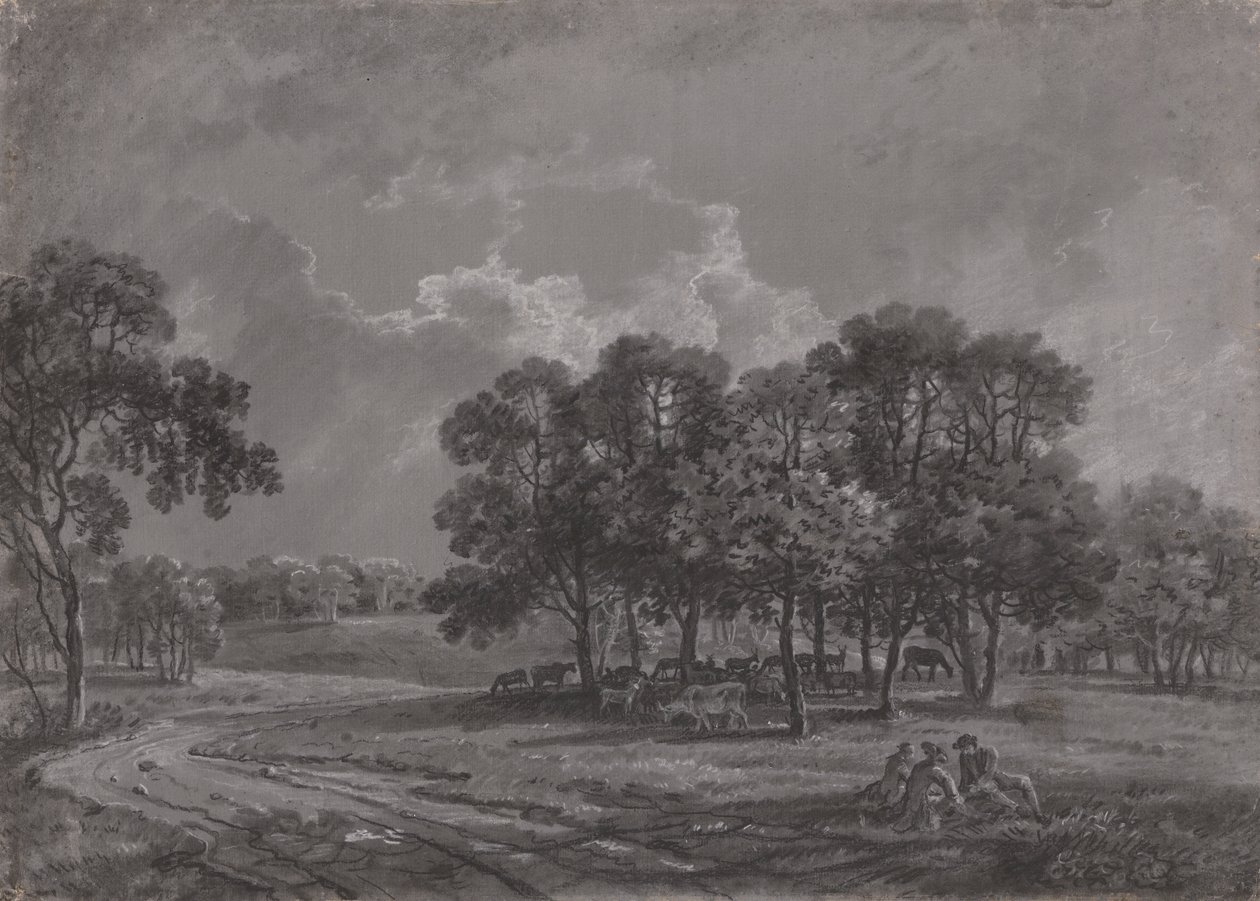 Park Scene with Deer, Cattle, and a Group of Figures by George Barret