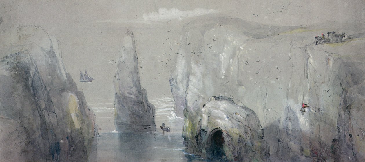 View of Flamborough Head, Showing a Group of Men Gathering Gulls