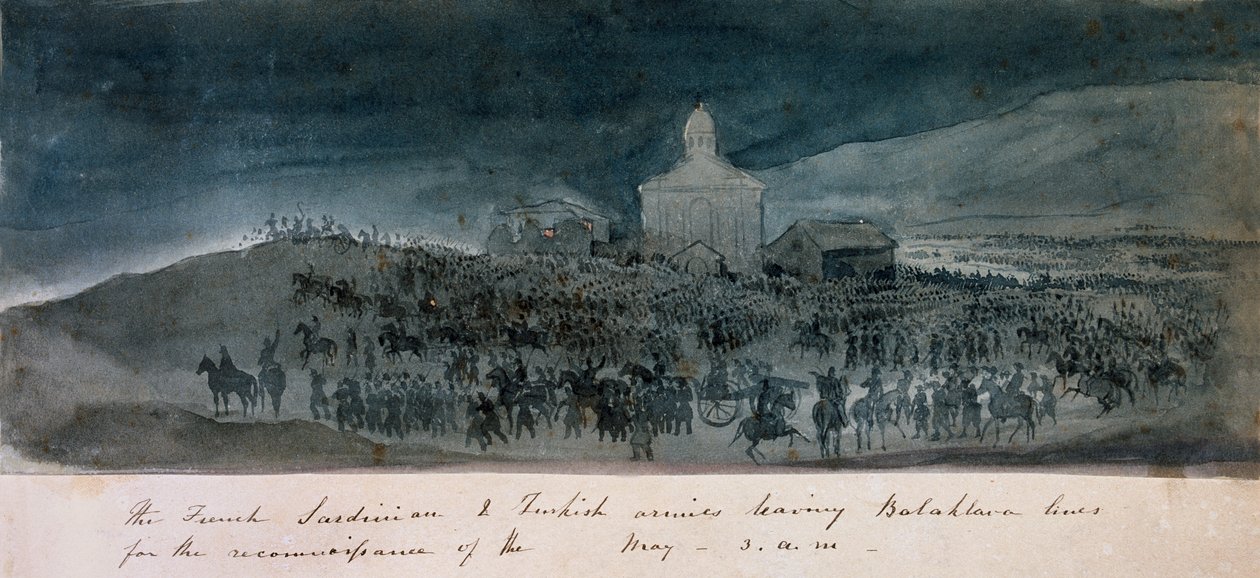 The French, Sardinian and Turkish armies leaving Balaklava lines for a reconnaissance, circa 1854 by George Cadogan