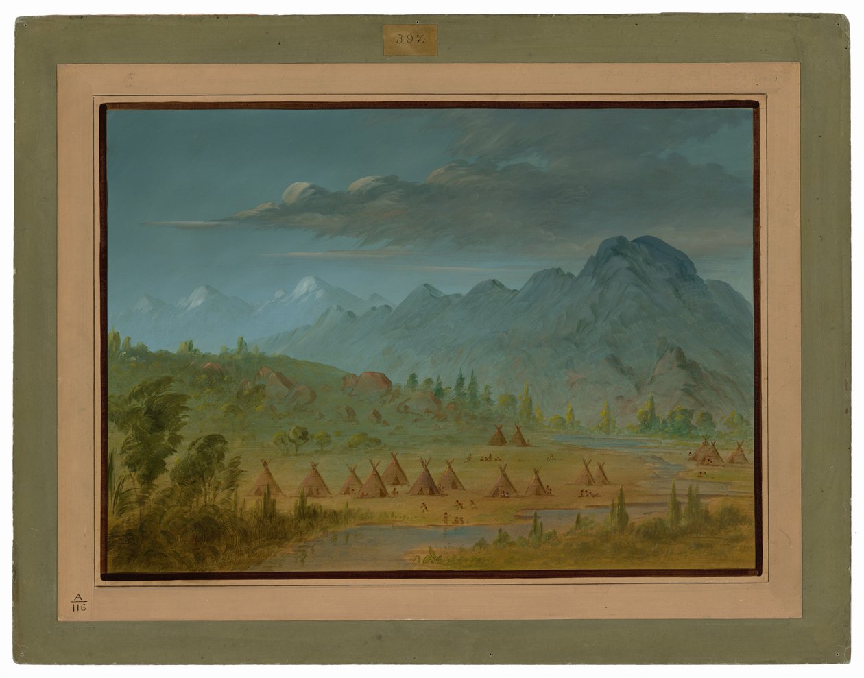 A Crow Village and the Salmon River Mountains by George Catlin