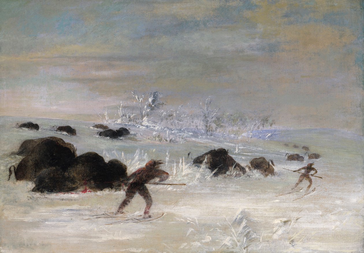Assiniboine Indians Pursuing Buffalo on Snowshoes by George Catlin