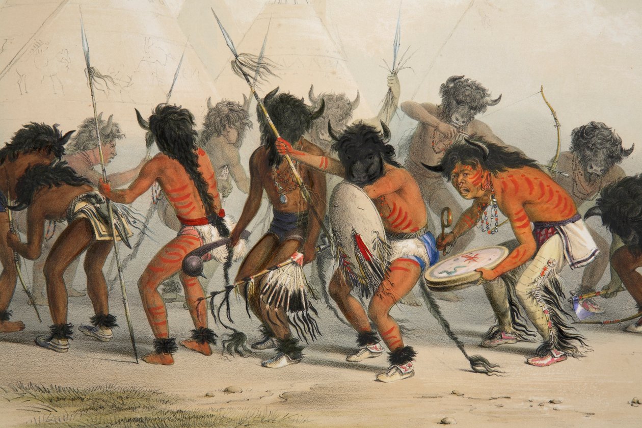 Buffalo Dance (detail), pub. 1845 colour lithograph by George Catlin