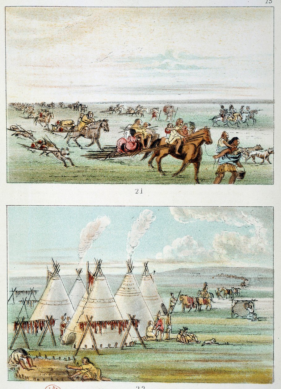 Indians of America: (top) tribe moving with skins for sale. (Bottom) tribe of 500 to 600 tipi. Illustration by George Catlin by George Catlin