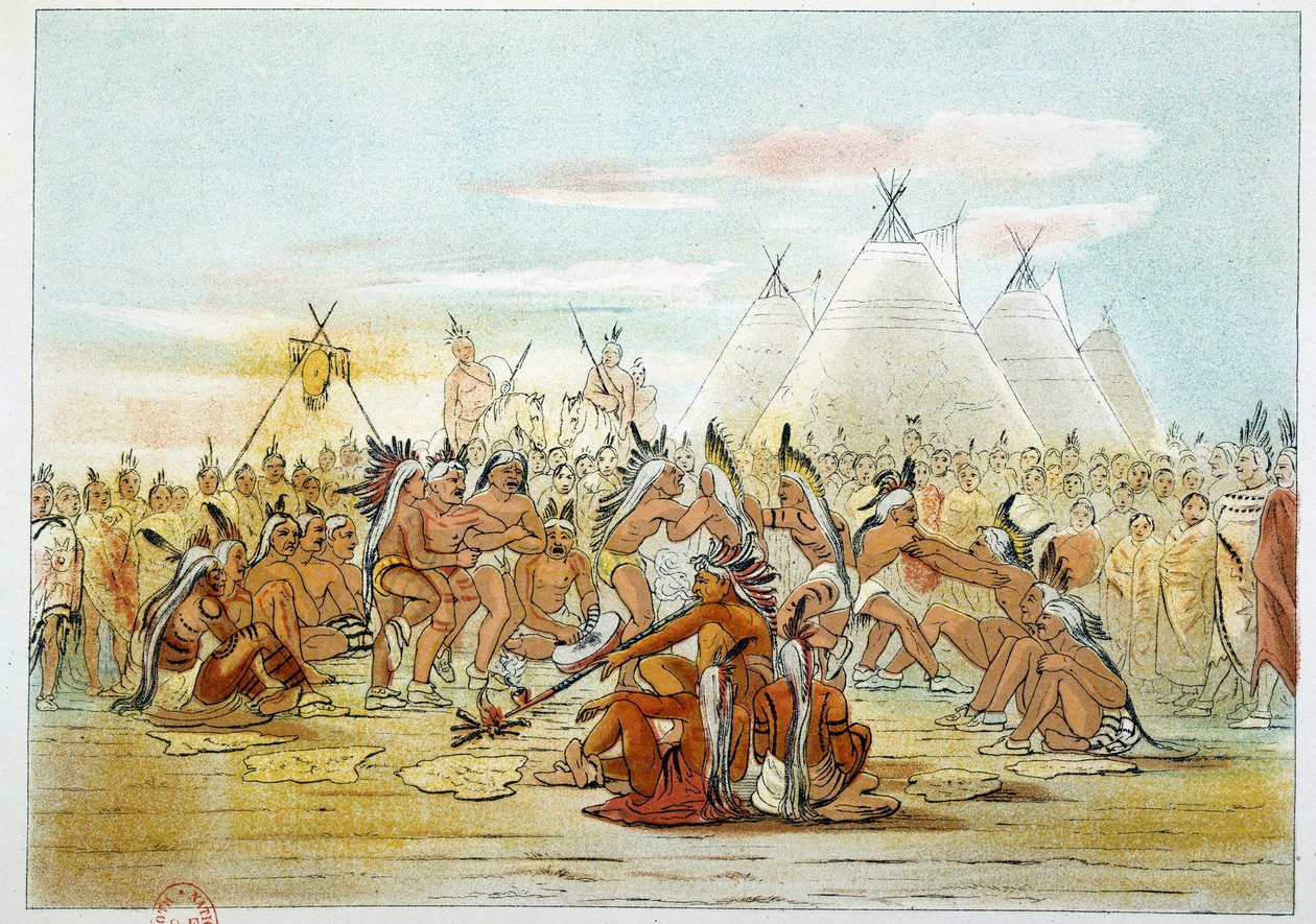 Indians of America: Assiniboin tribe resembling Sioux dancing pipe dance. Illustration by George Catlin by George Catlin