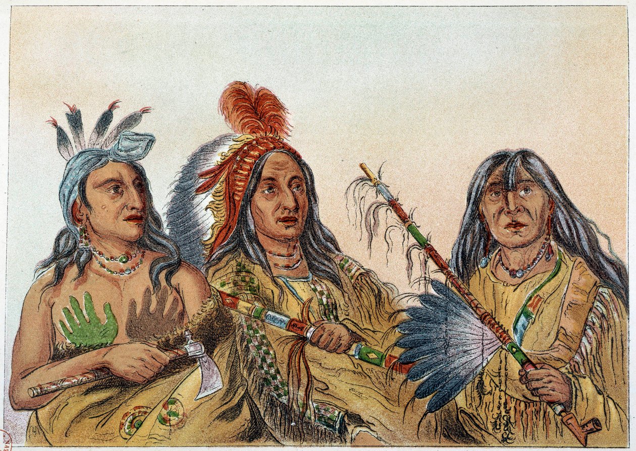 Indians of America: Portrait of Sioux chiefs whose rivalry was constant. Illustration by George Catlin by George Catlin