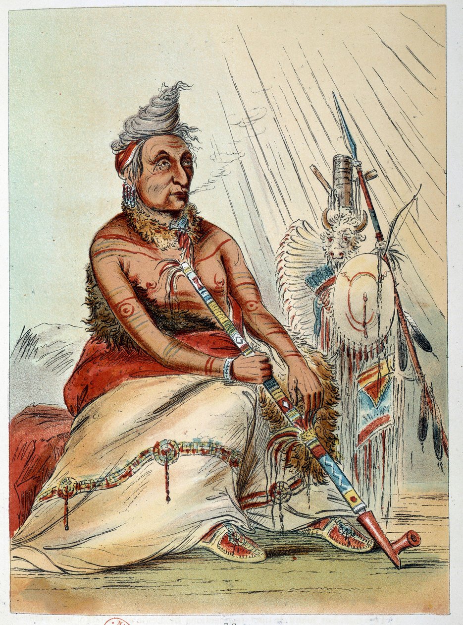 Indians of America: Portrait of an Old Indian Chief Smoking His Pipe Named The Black Moccasin. Illustration by George Catlin by George Catlin