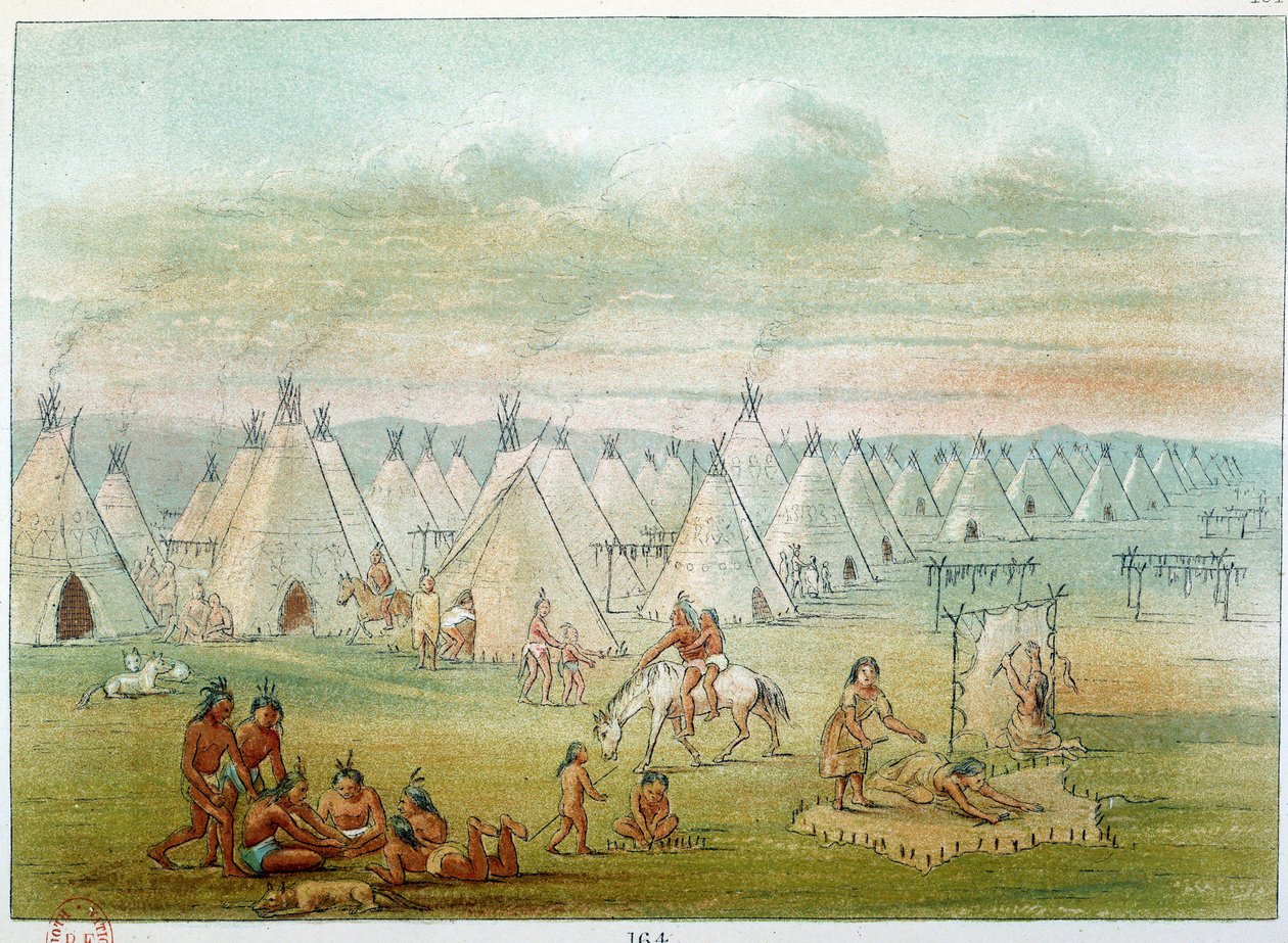 Indians of America: village commanche the tents are made of bison skins. Illustration by George Catlin by George Catlin