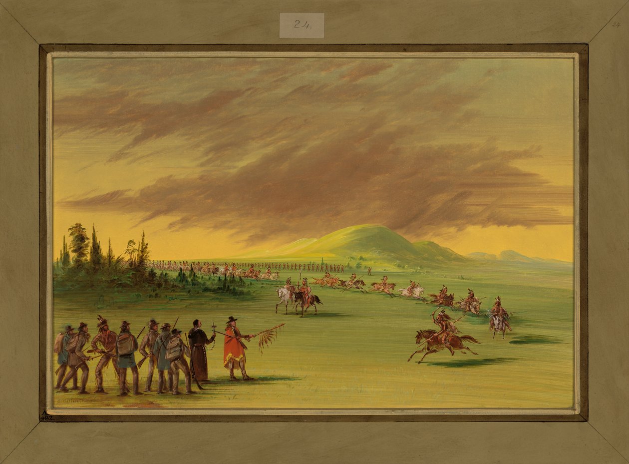 La Salle Meets a War Party of Cenis Indians on a Texas Prairie, April 25th 1686 by George Catlin
