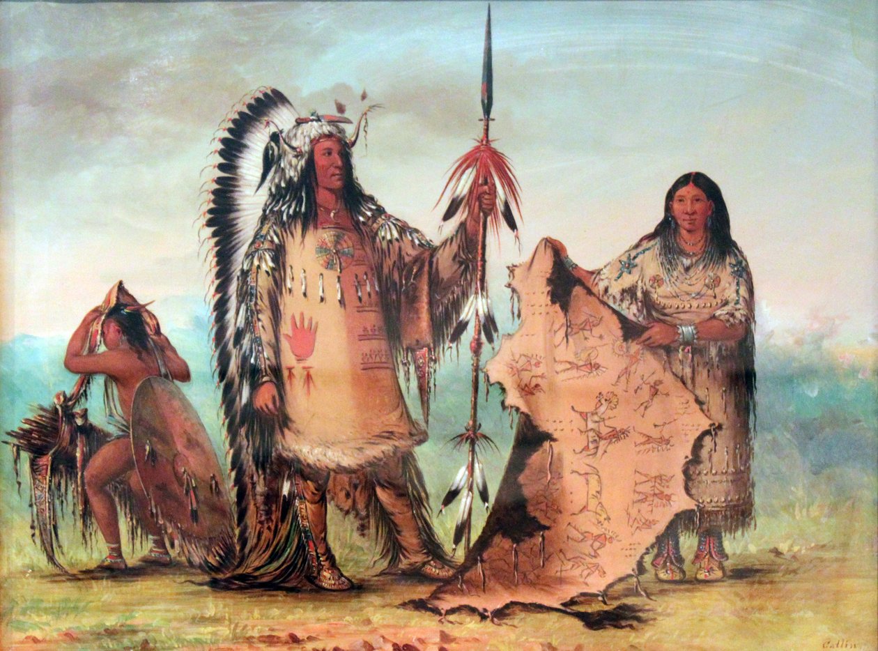 Mato-Tope with wife and son. The bison robe, held by his wife, displays his heroic war deeds by George Catlin