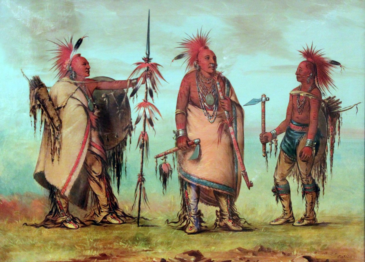 Tal-lee, Black Dog and Big Crow wearing roaches made of red dyed deer hair by George Catlin