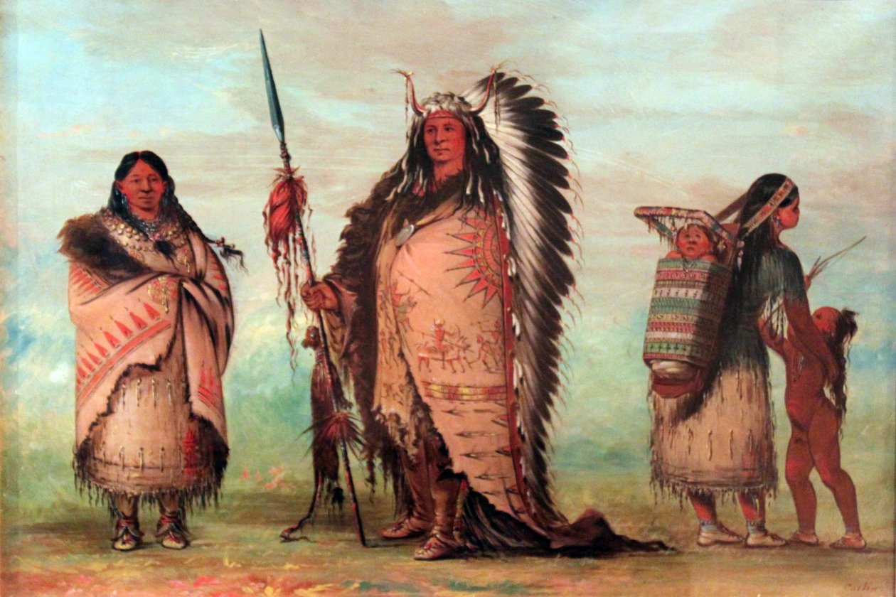 Black Rock with family. The chief proudly presents his emblems of honor, including a lance with scalp by George Catlin