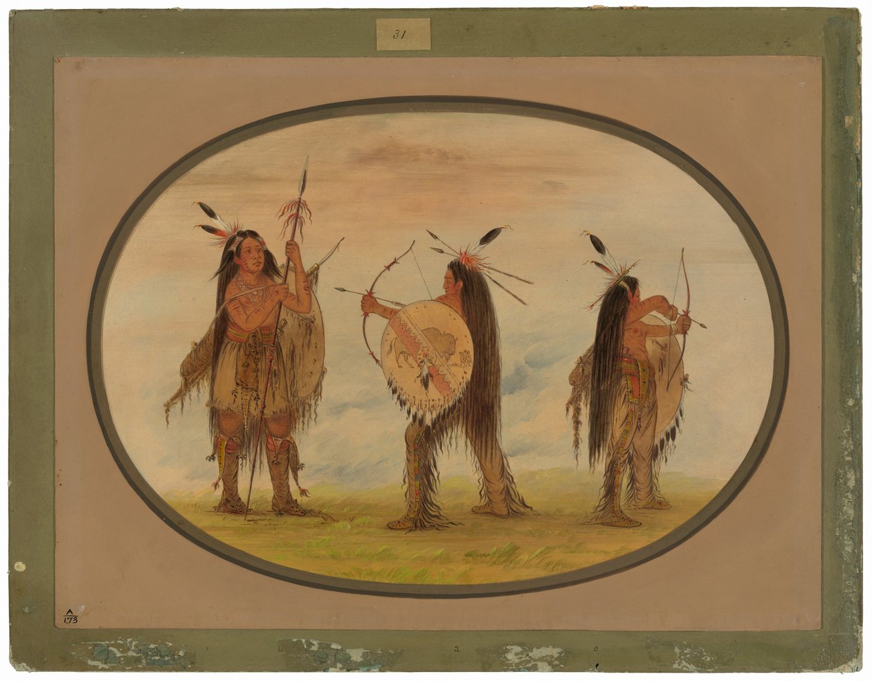 Three Mandan Warriors Armed for War by George Catlin
