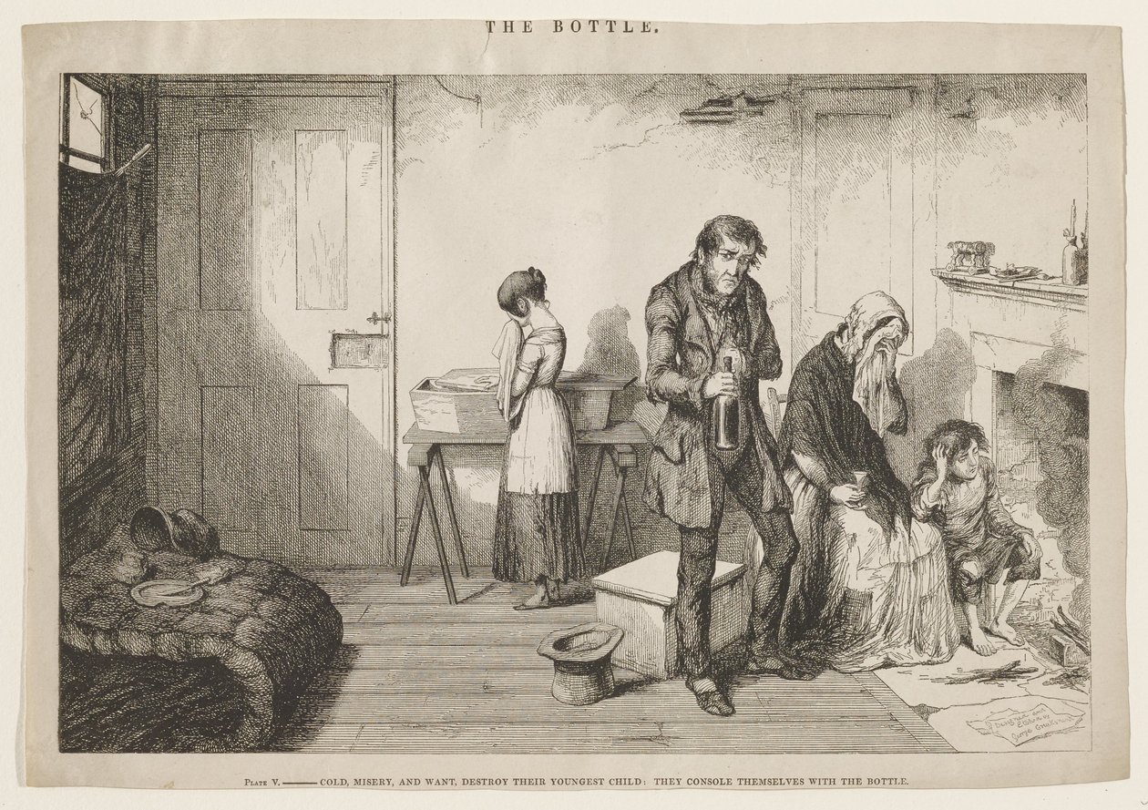 Cold Misery and Want Destroy Their Youngest Child: They Console Themselves with the Bottle by George Cruikshank
