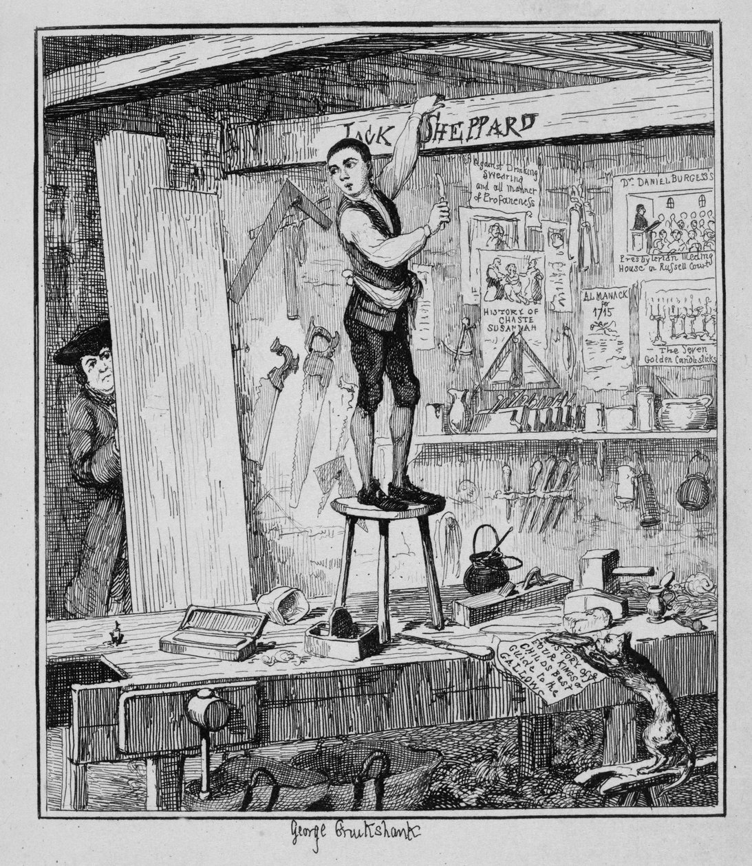 Jack carves his name on a beam in the shop of his former employer, illustration from 