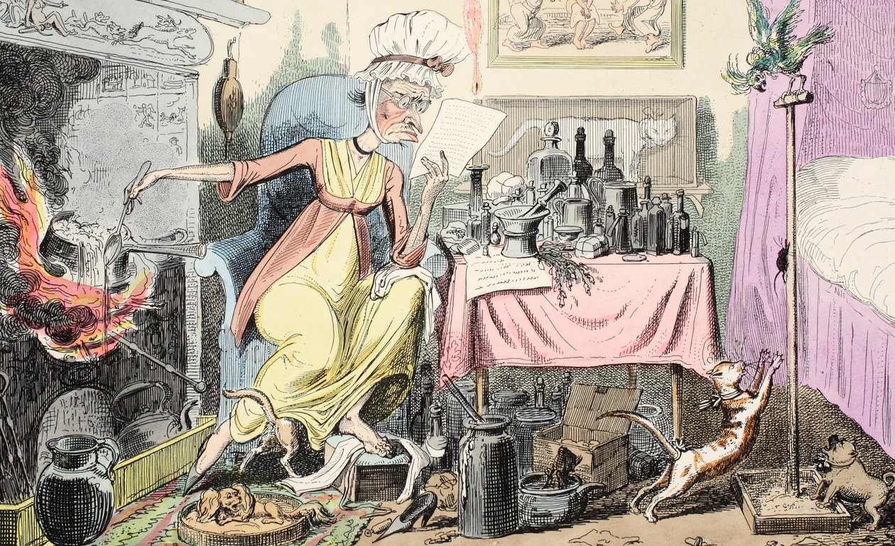 Mixing A Recipe for Corns, published 1835 by George Cruikshank