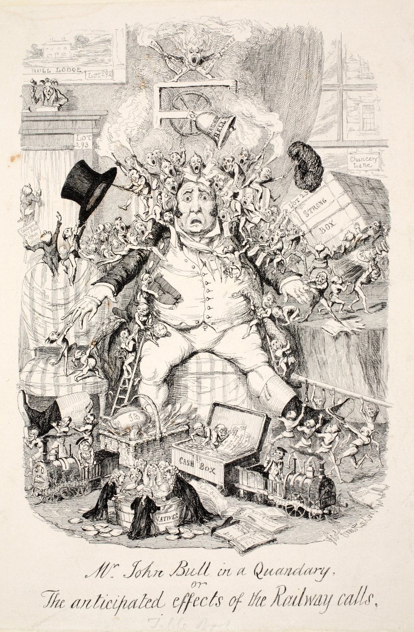 Mr John Bull in a Quandary or the Anticipated effects of the Railway Calls, pub. 1845 by George Cruikshank