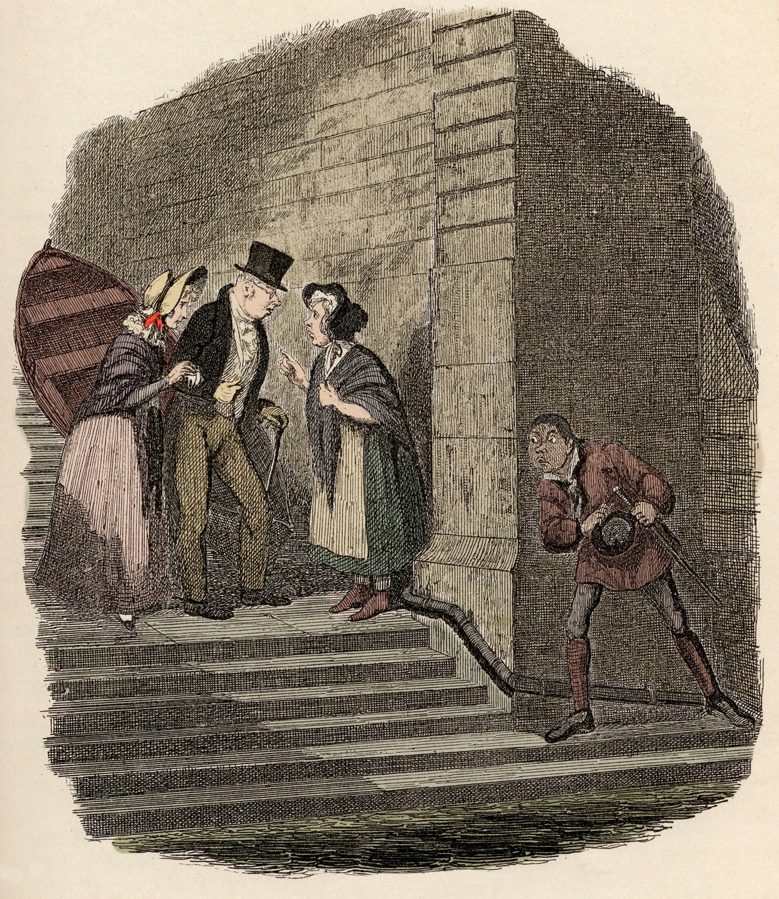 Noe Claypole spying on the secret appointment between Mr. Brownlow, Rose Maylie and Nancy (Illustration for 