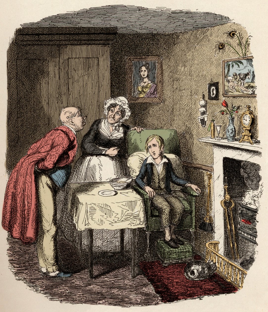Oliver is collected and cared for by Mr. Brownlow and his housekeeper Mrs. Bedwin - Oliver recovering from the fever - Illustration for "Oliver Twist" by George Cruikshank