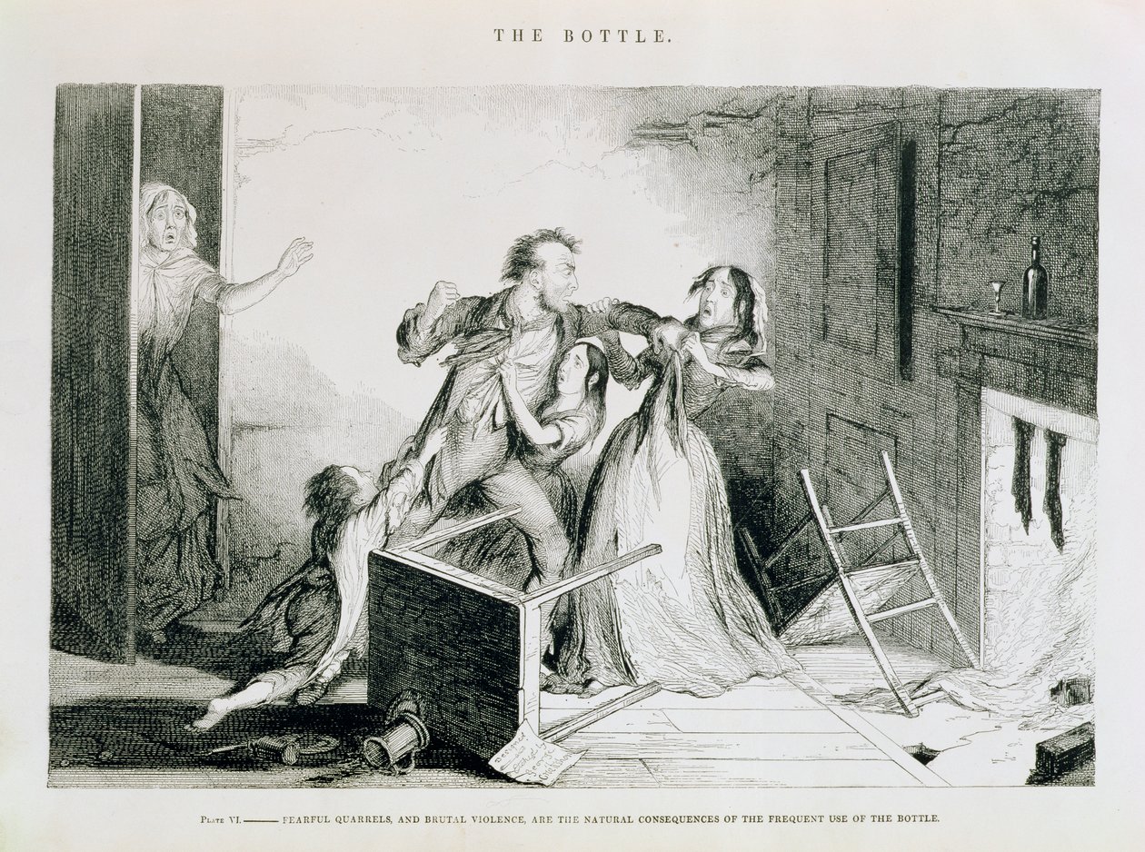 The Bottle, Plate VI, Fearful quarrels and brutal violence are the natural consequences of frequent use of the bottle, 1847 by George Cruikshank