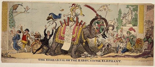 The Rehearsal or the Baron and the Elephant, satirical print on Kemble