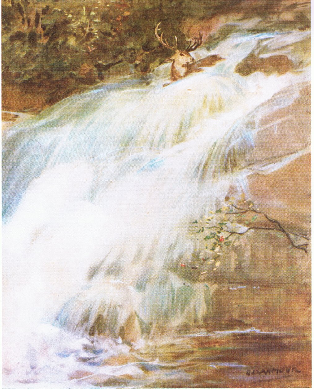 Throwing his head high in the air in a last act of defiance, he plunged into the waterfall by George Denholm Armour