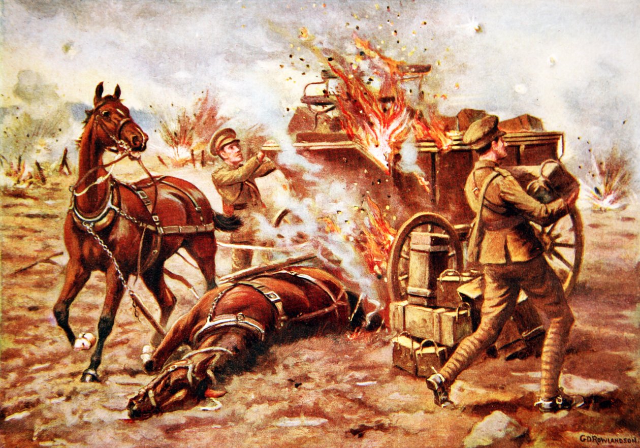 Acting-Bombardier H.A. Creasey assisting to unload a burning ammunition wagon under very heavy shell fire by George Derville Rowlandson