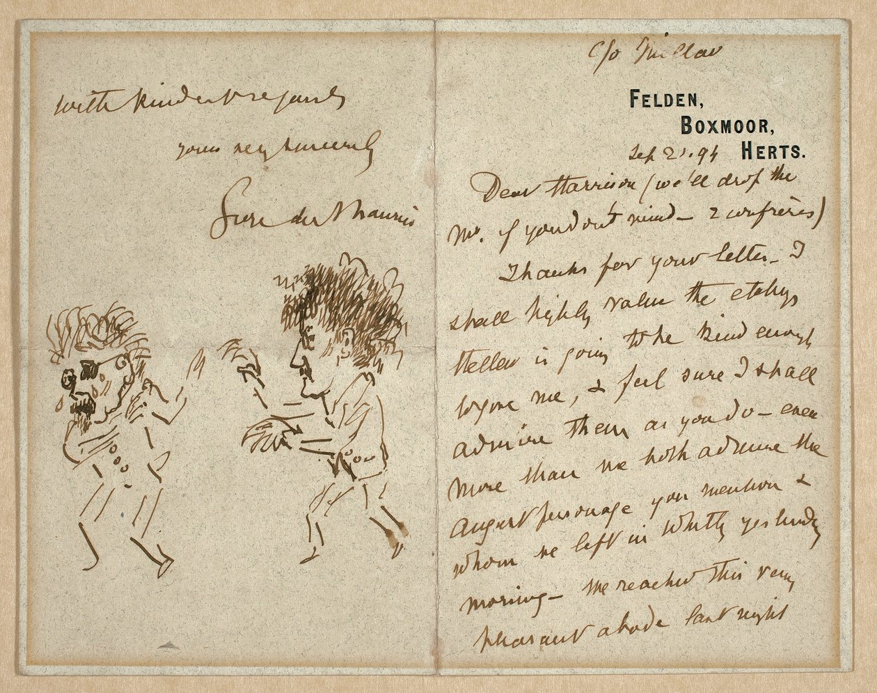 Letter with Drawing of Whistler Menacing Du Maurier by George du Maurier