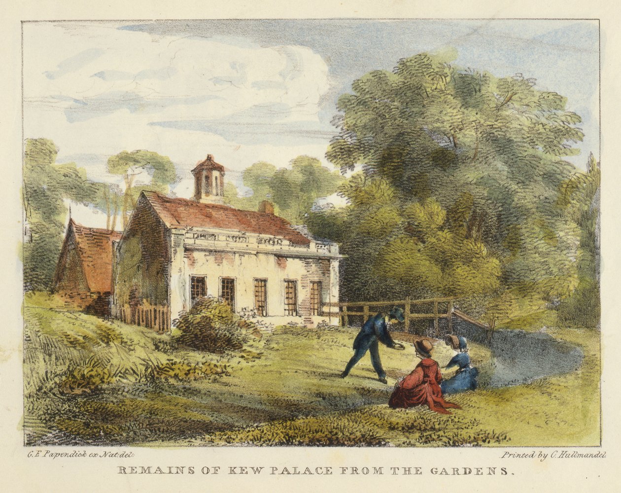 Remains of Kew Palace from the Gardens, plate 6 from Kew Gardens: A Series of Twenty-Four Drawings on Stone, engraved by Charles Hullmandel by George Ernest after Papendiek