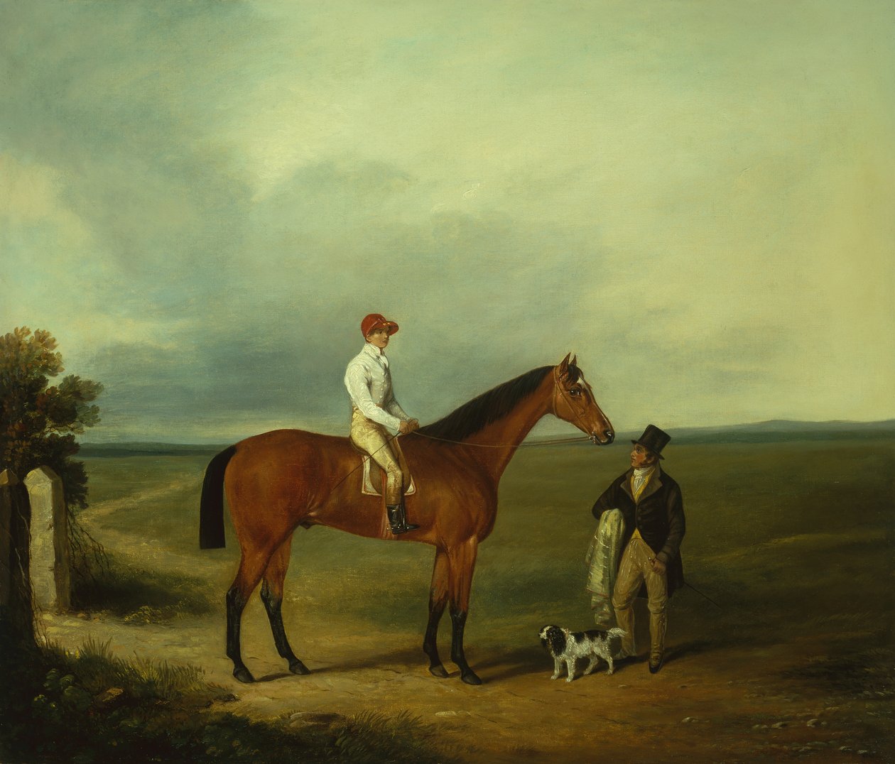 A Racehorse with a Jockey, Trainer and Spaniel by George Fenn