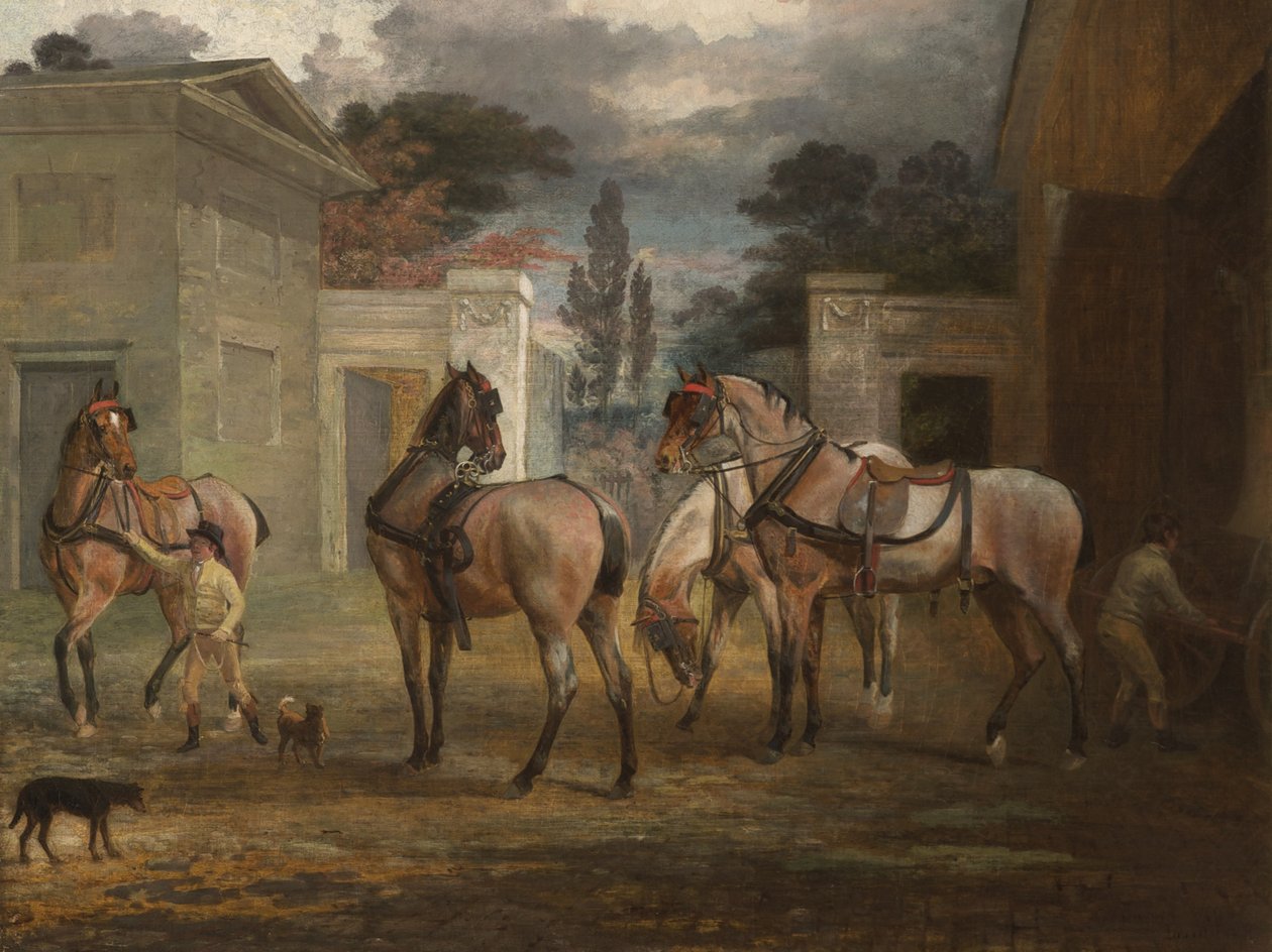 Four Roan Coach Horses with Two Grooms by George Garrard
