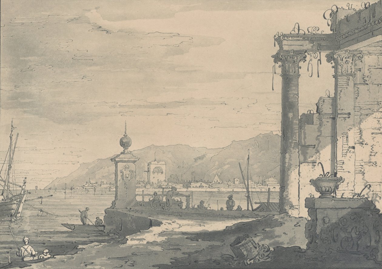 A Coastal Scene with a Classical Ruin by George Hawkins