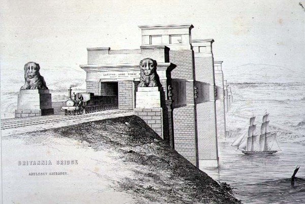 Britannia Bridge, Anglesey Entrance, engraved by the artist by George Hawkins