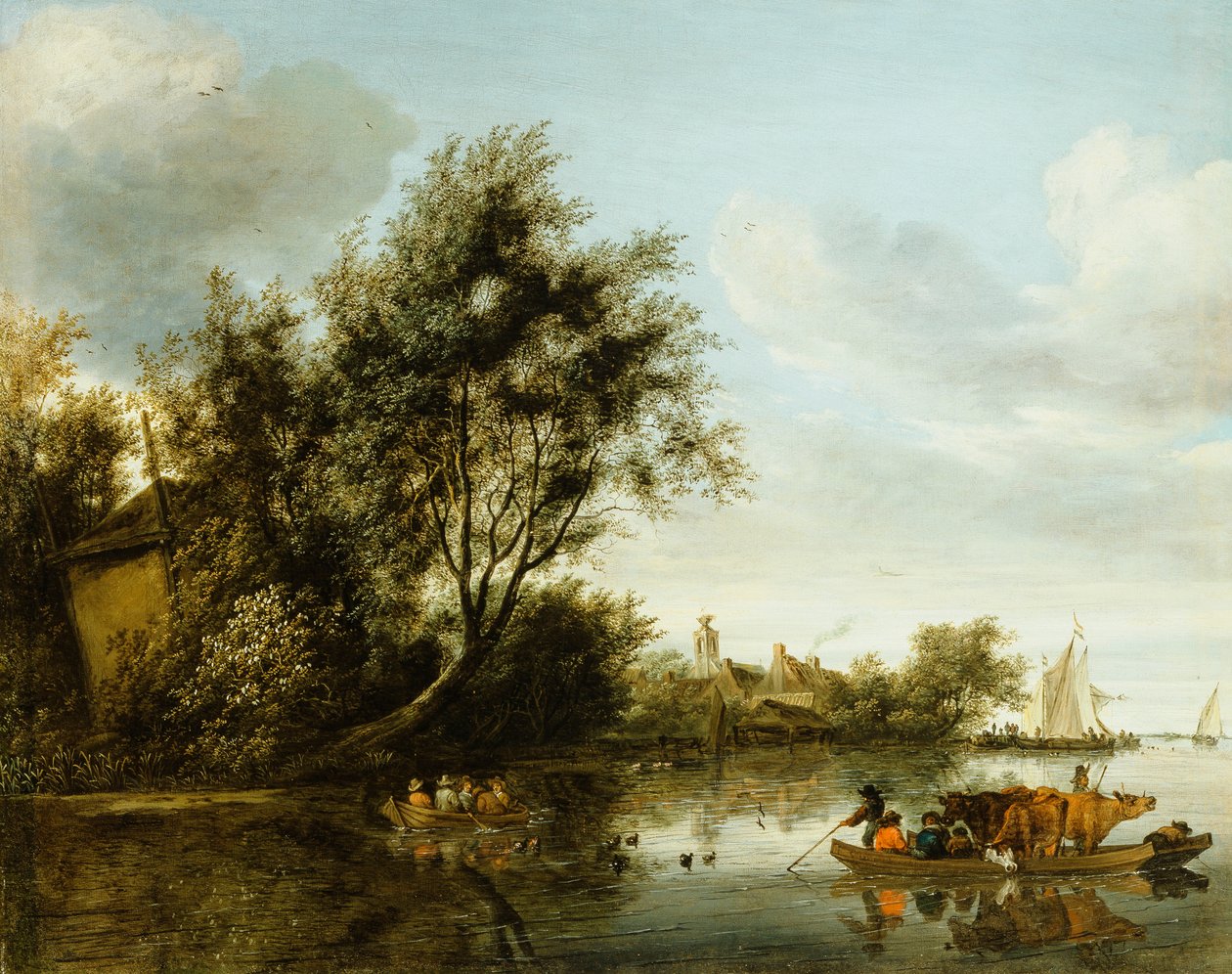 A River Landscape with a Hayloft among Trees and a Ferryboat with Passengers and Cattle by George Henry Clements