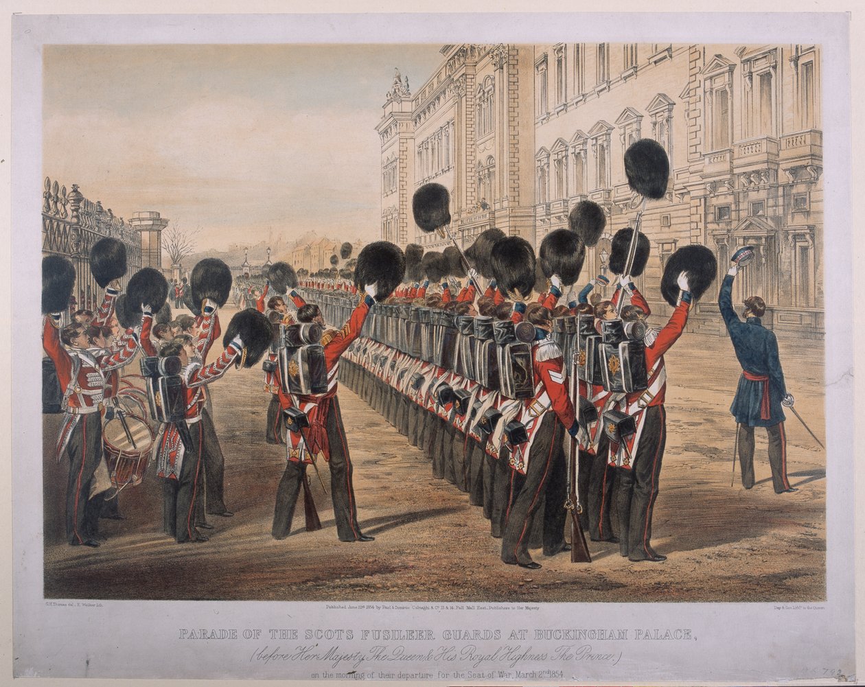 Parade of the Scots Fusilier Guards at Buckingham Palace on the Morning of their Departure for the Seat of War (engraved by E. Walker, published by Colnaghi und Co.) by George Housman Thomas