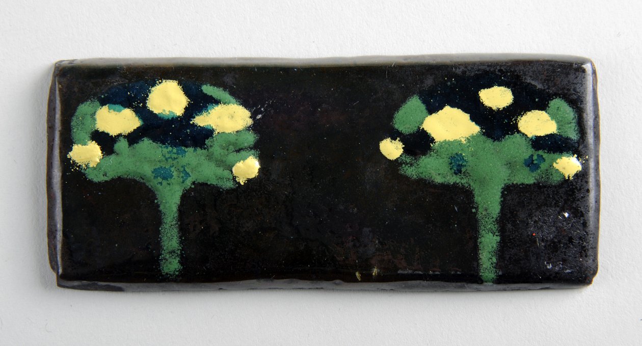 Enamel plaque with two trees by George James Frampton