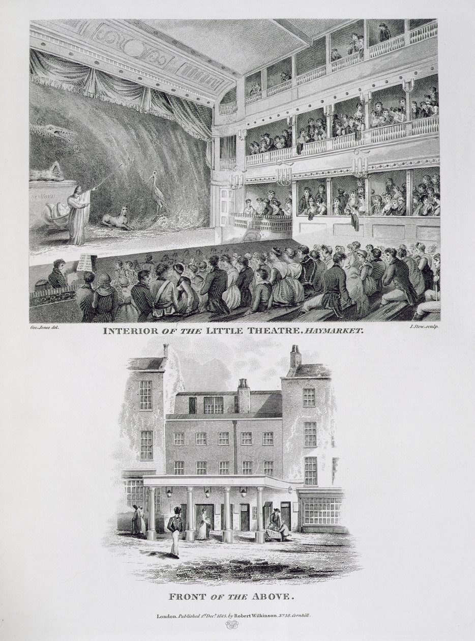 Interior of the Little Theatre, Haymarket in London and the Front of the Above, engraved by James Stow by George Jones