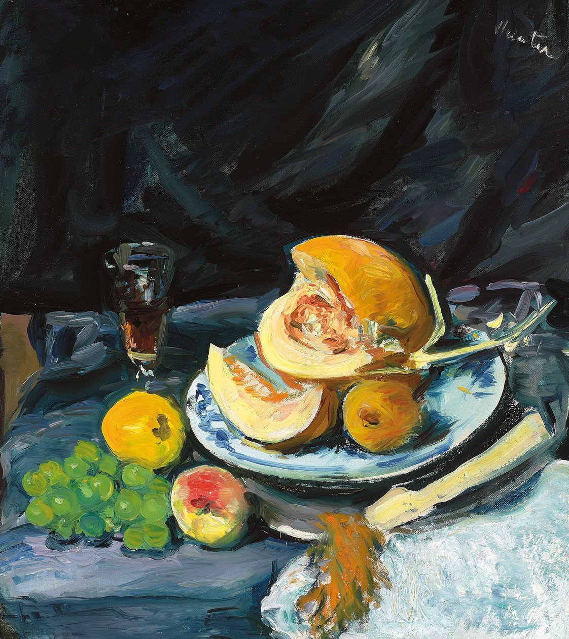 Still Life with Cut Melon, Glass and Fan by George Leslie Hunter
