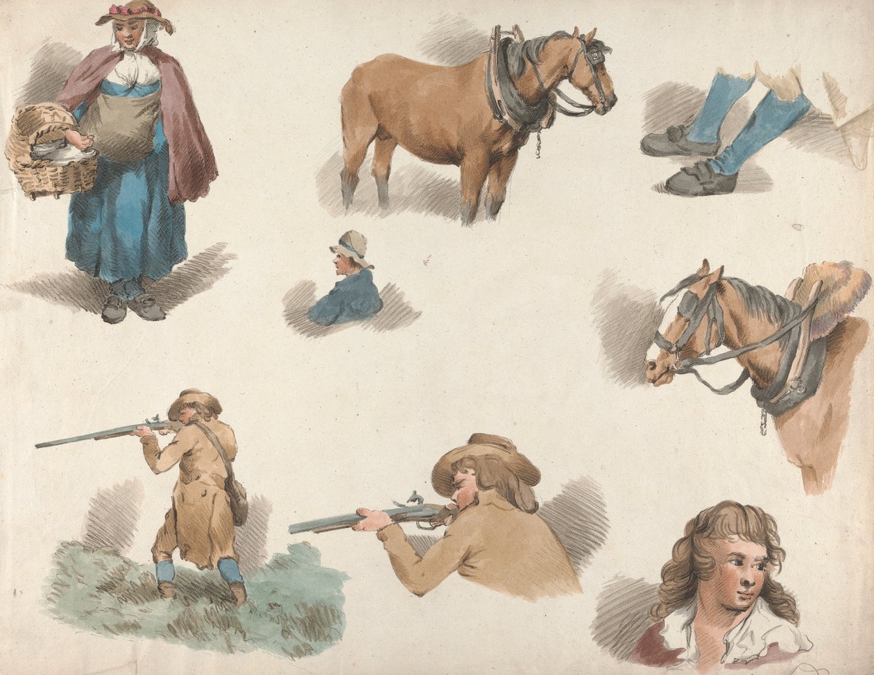 Set of Five: Eight studies: Woman with Basket, Blinkered Cart Horse, etc. by George Morland