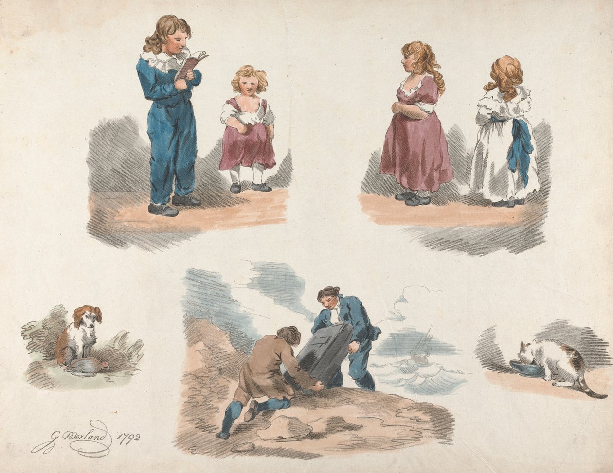 Set of Five: Studies of Children, a Dog, a Cat, etc. by George Morland