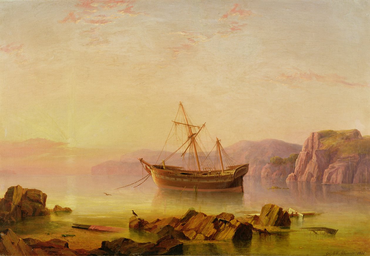 A ship at anchor in a bay at sunset by George Mounsey Wheatley Atkinson