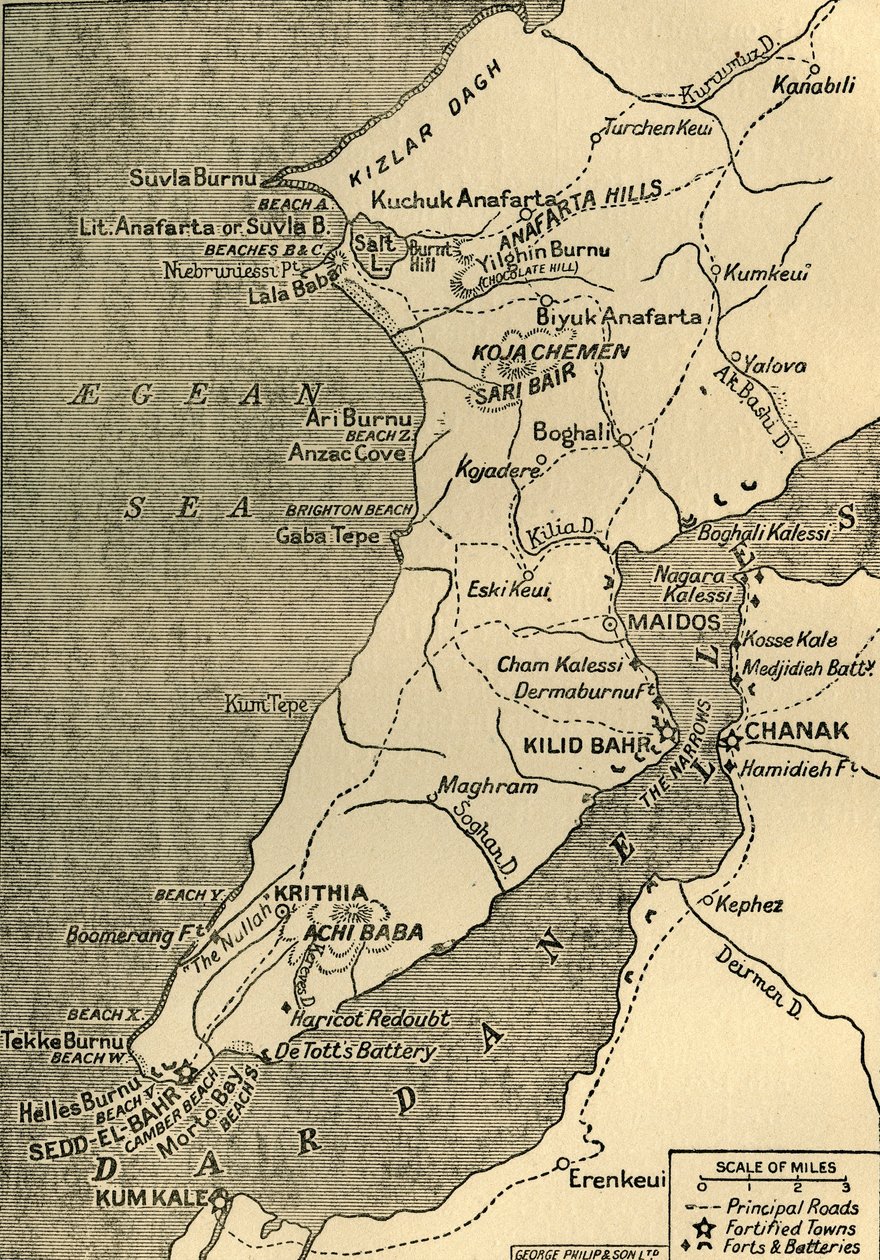 Map of the Gallipoli Peninsula by George Philip and Son Ltd