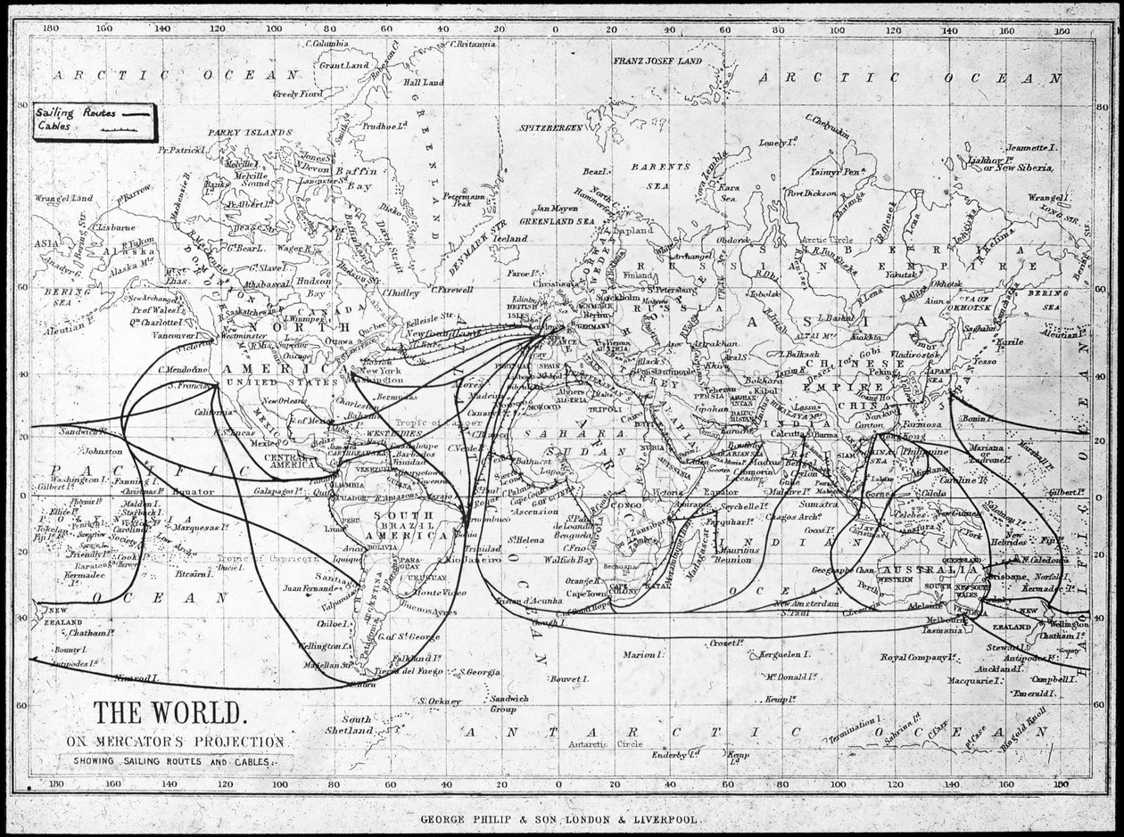 Map of the World Showing Sailing Routes and Telegraph Cables by George Philip and Son Ltd