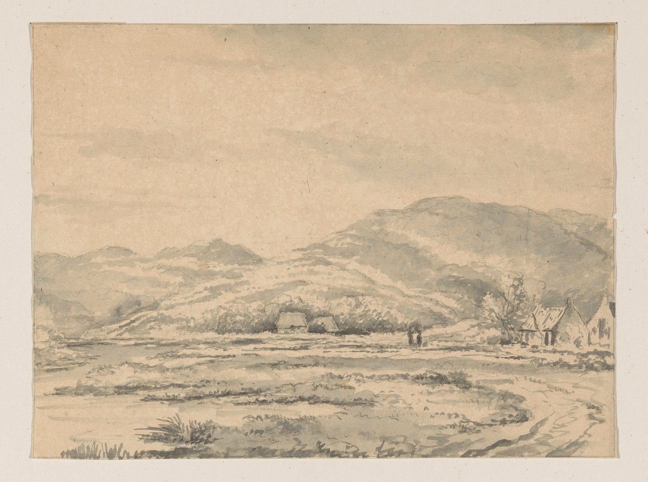 Hilly Landscape with a Few Houses and a River on the Left by George Pieter Westenberg