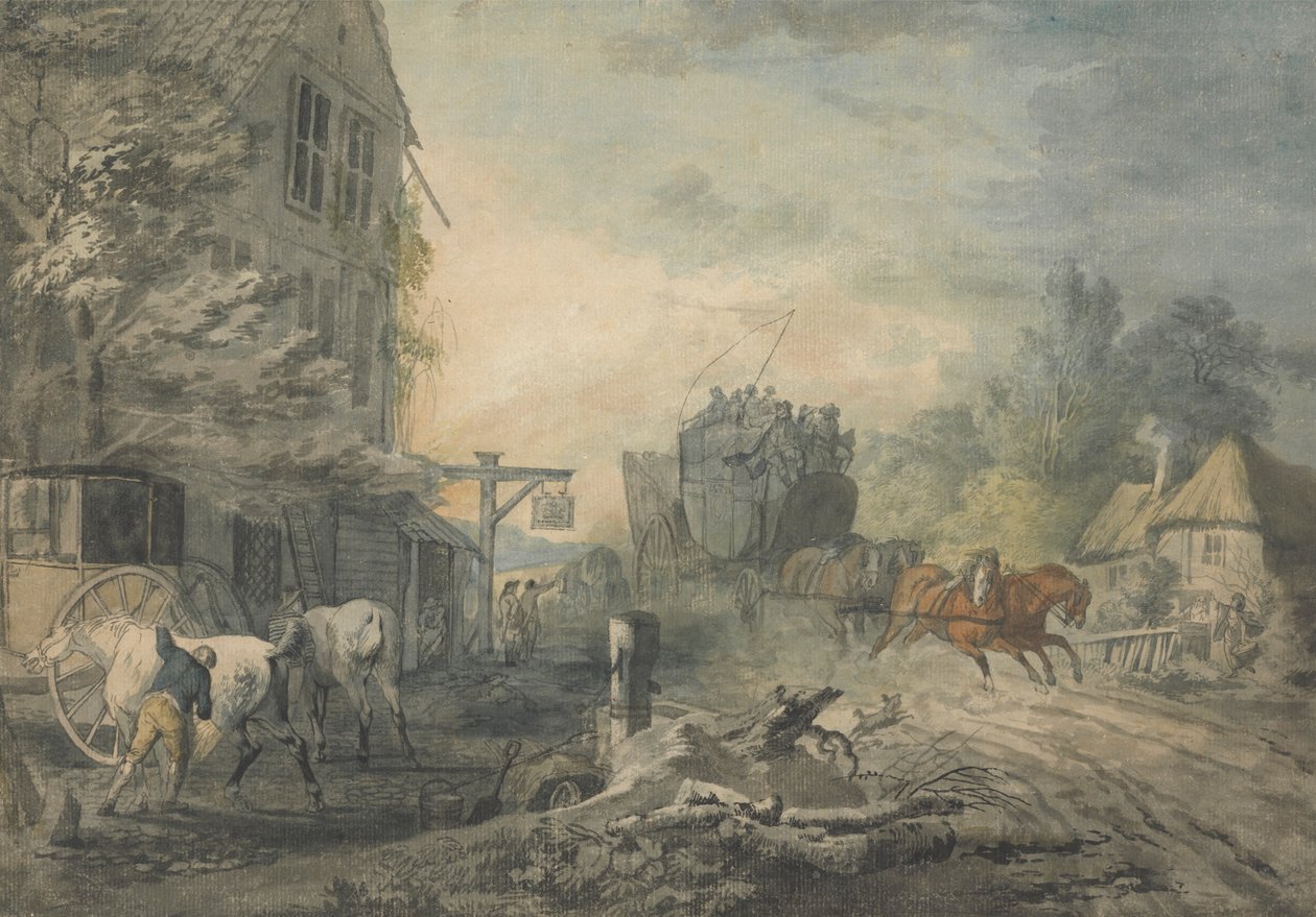A Stagecoach and Four Dashing Through a Village on the Bath-London Road by George Robertson